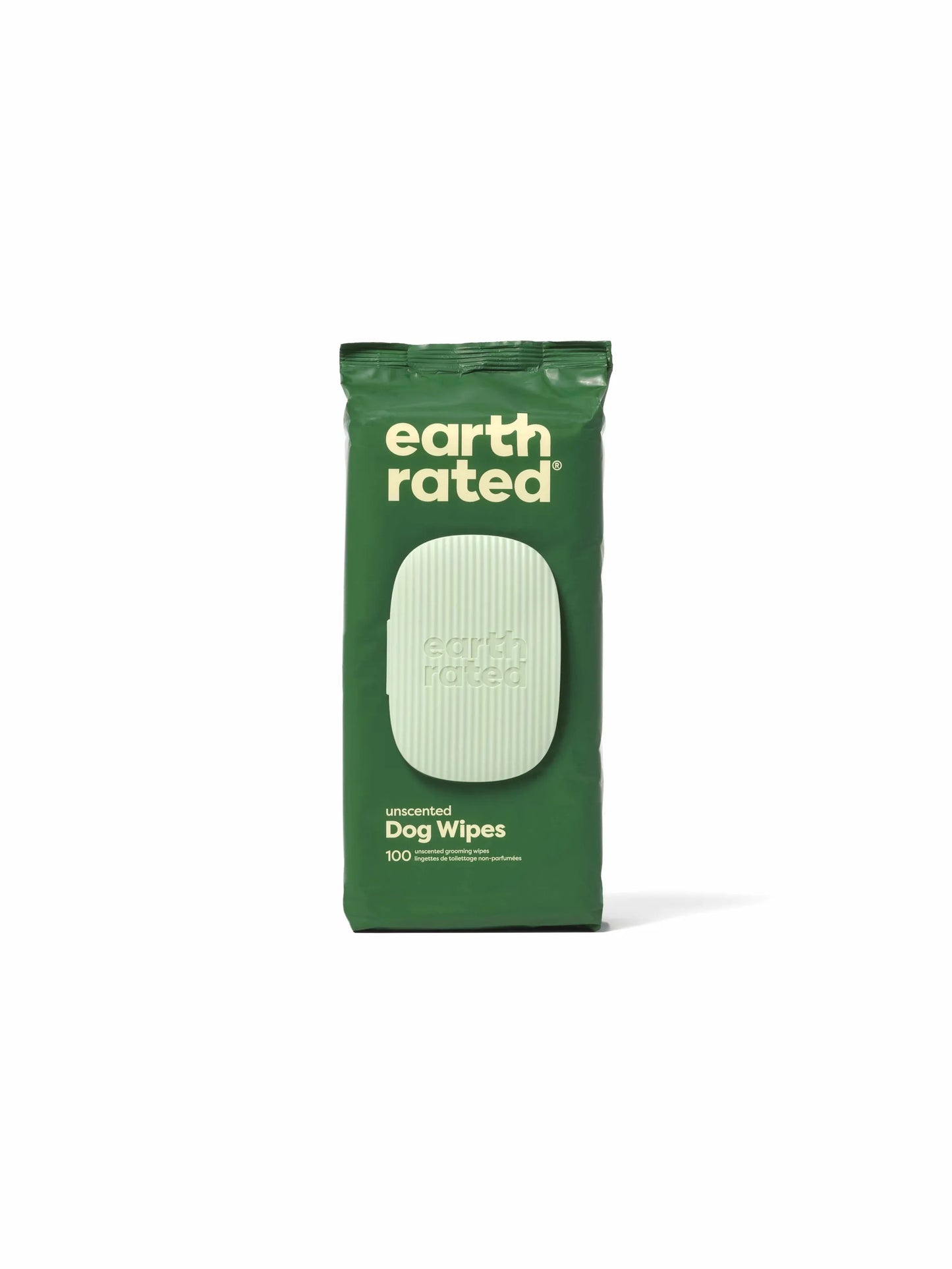 Green package of earth rated dog wipes on a white background