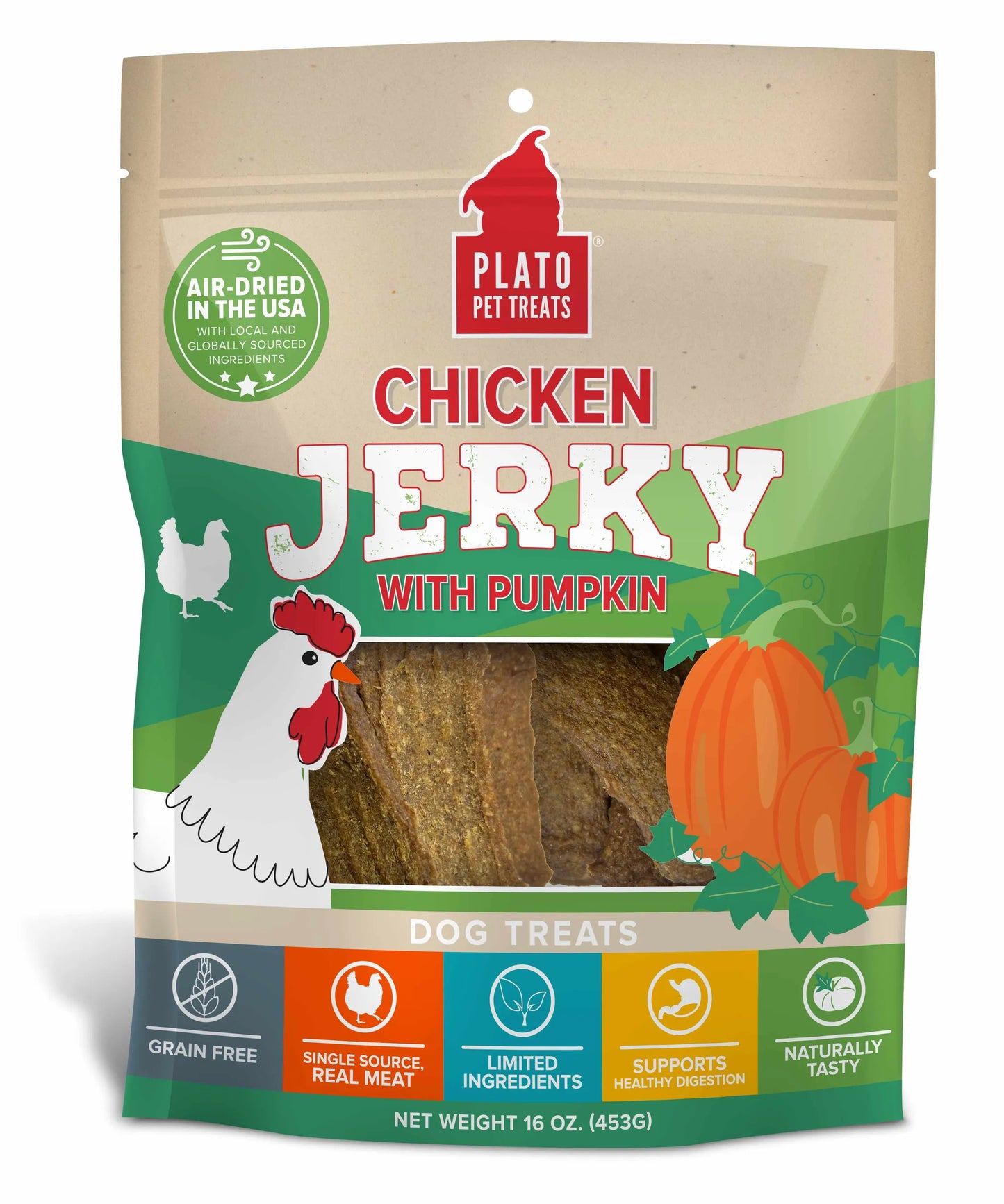 Plato Pet Treats Chicken Jerky with Pumpkin dog treat package on a white background