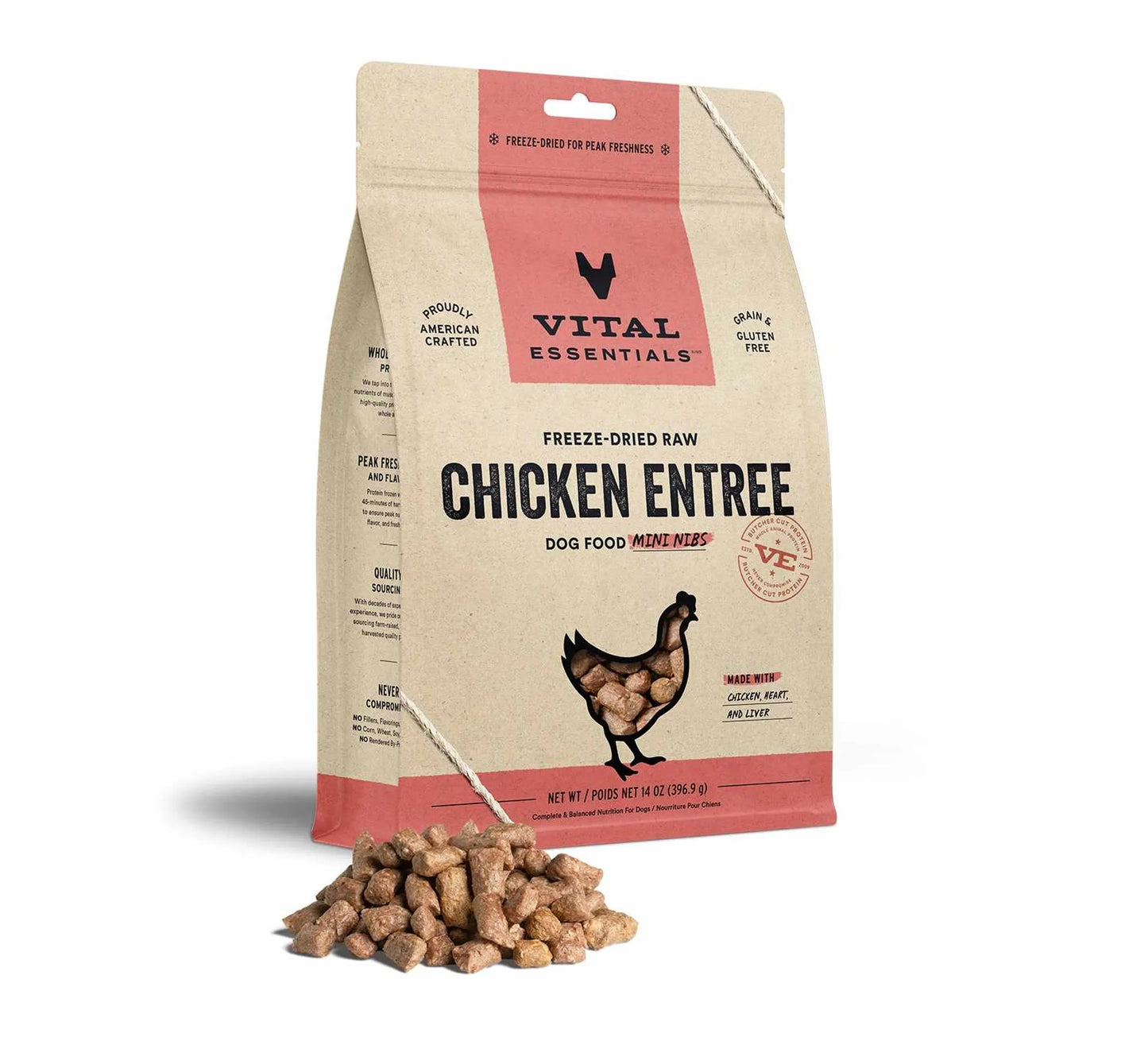 Vital Essentials freeze-dried raw chicken entree dog food package on a white background