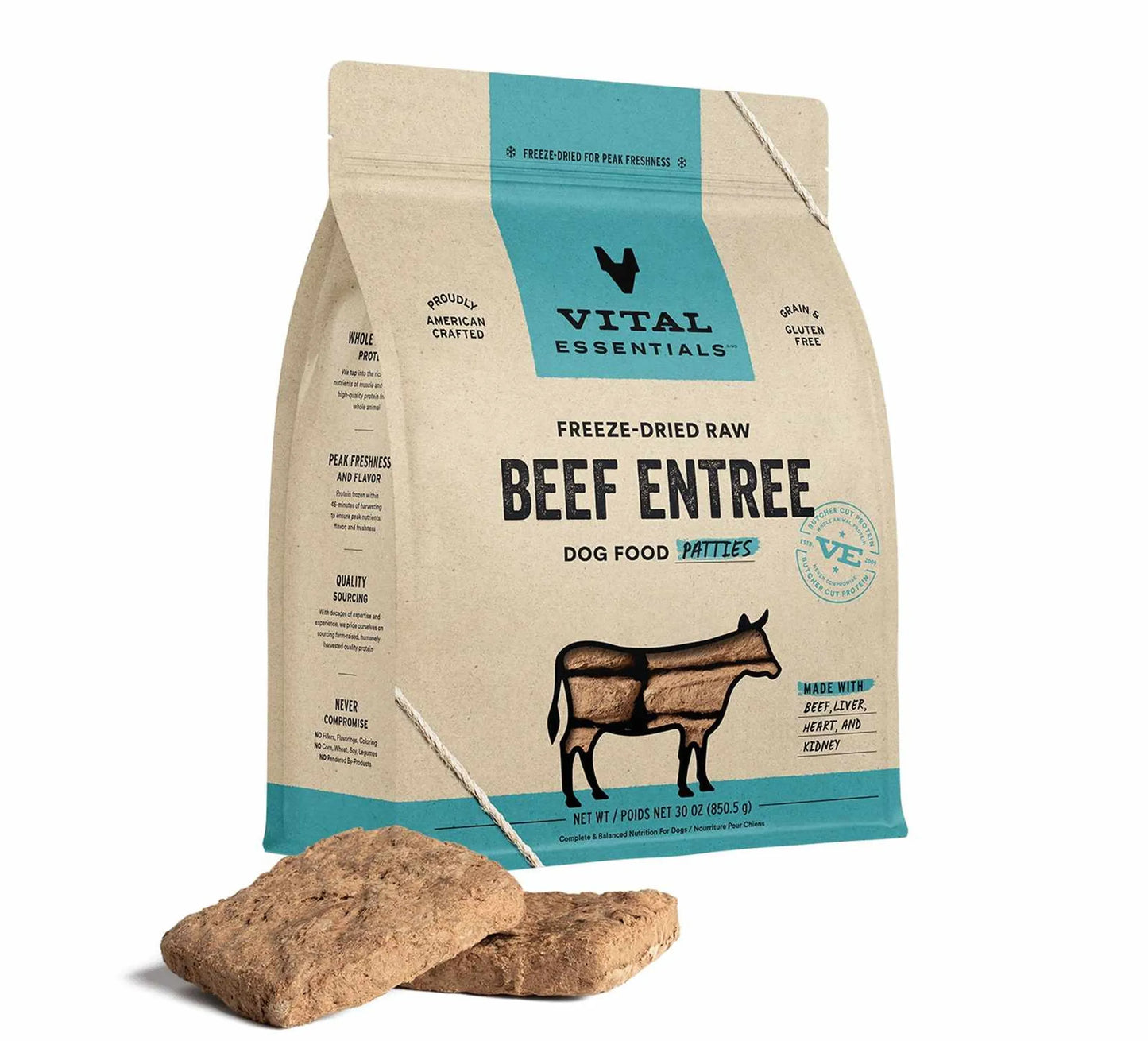 Vital Essentials freeze-dried raw beef entree dog food package on a white background