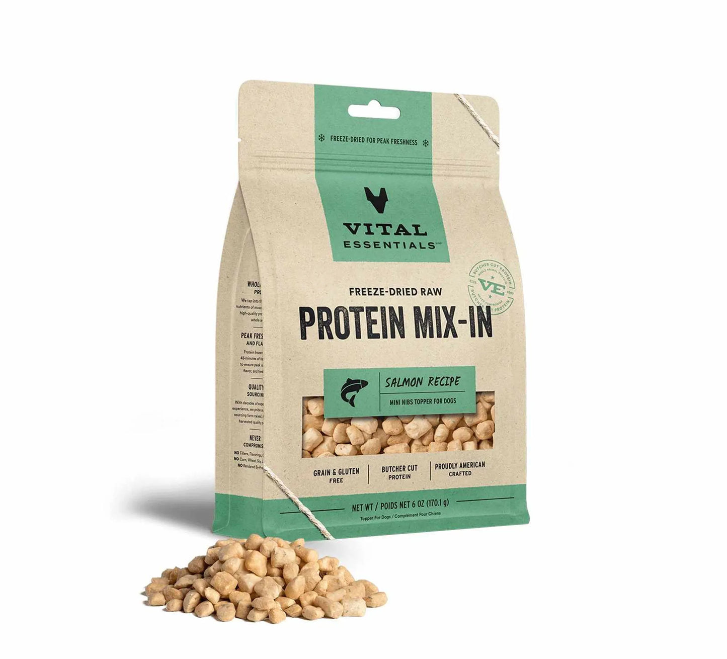 Vital Essentials protein mix-in package with a small pile of protein mix on a white background