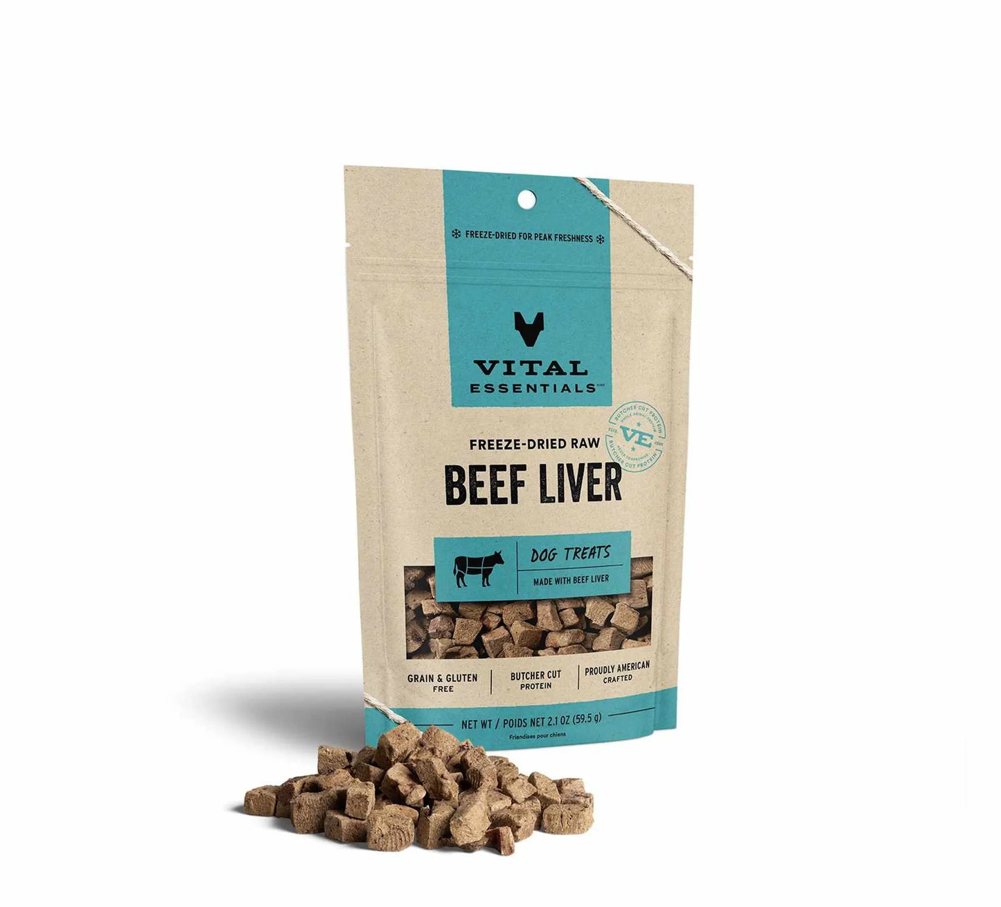 Vital Essentials beef liver dog treats packaging with treats on a white background