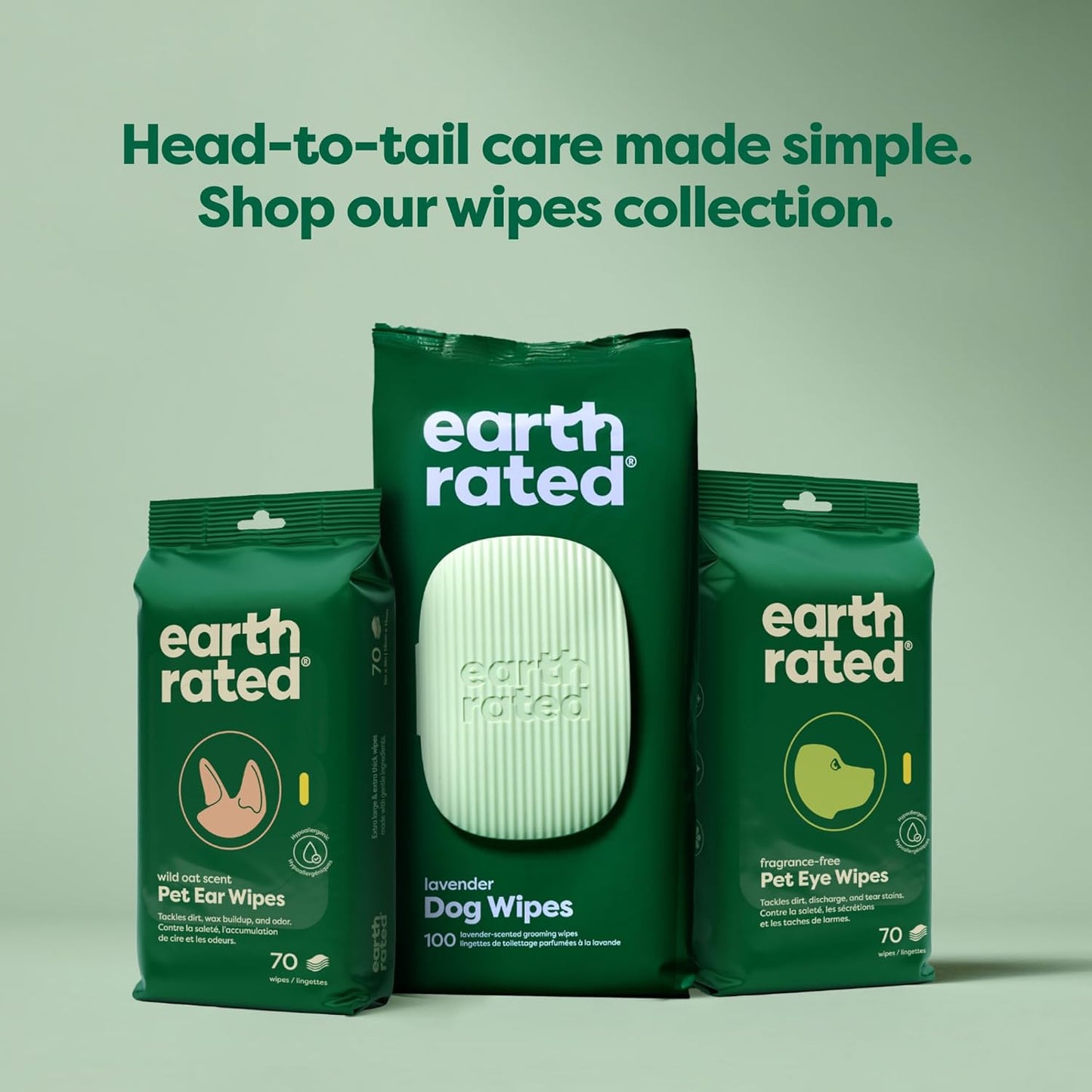 Three packages of earth rated pet wipes on a green background with promotional text.