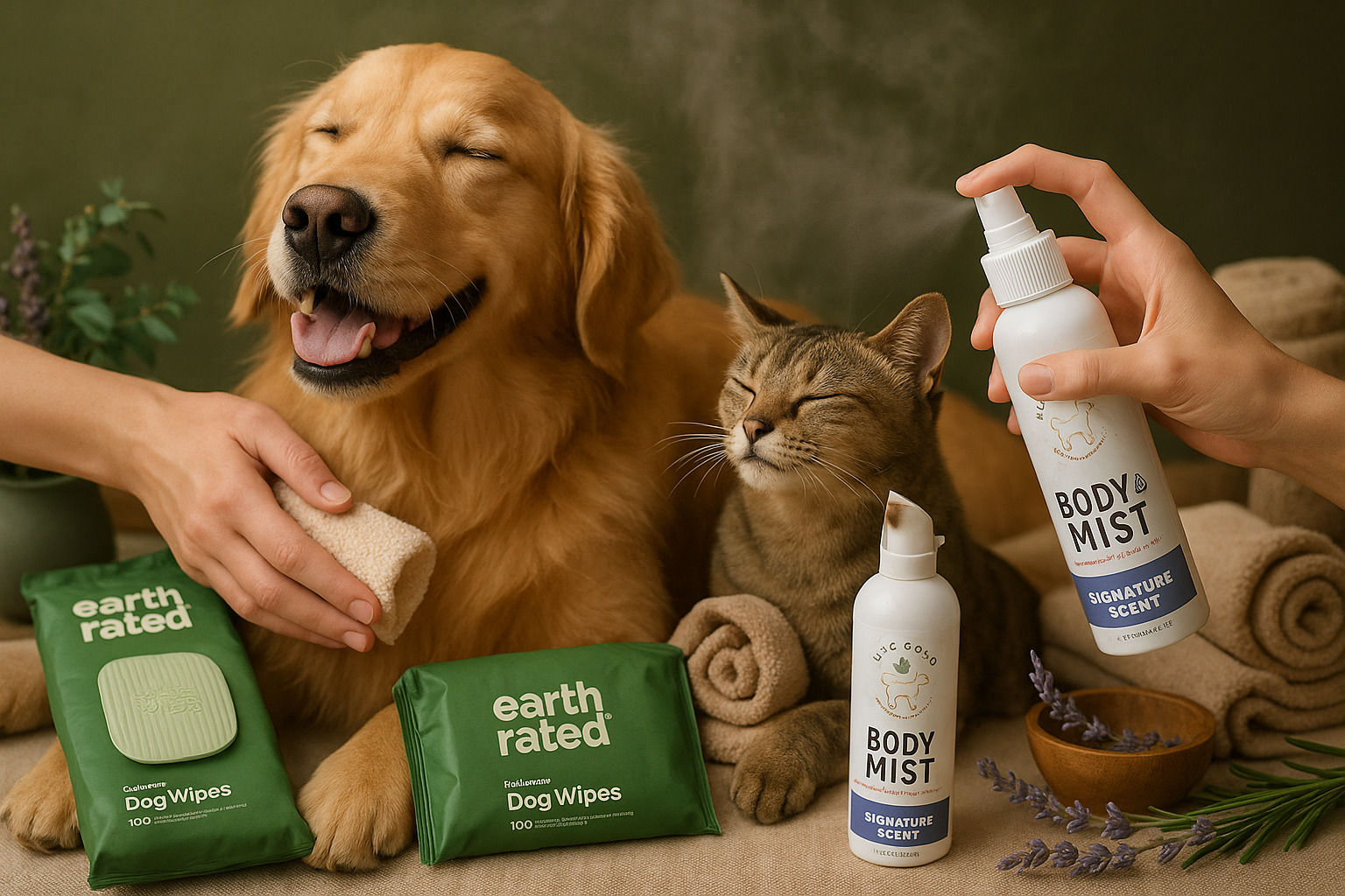 Pet pampering scene with natural care products