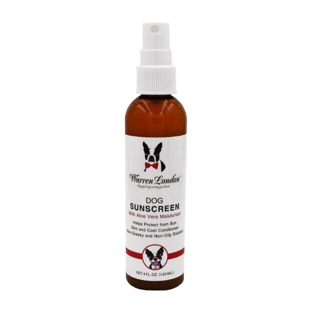 Dog sunscreen spray bottle with label on a white background