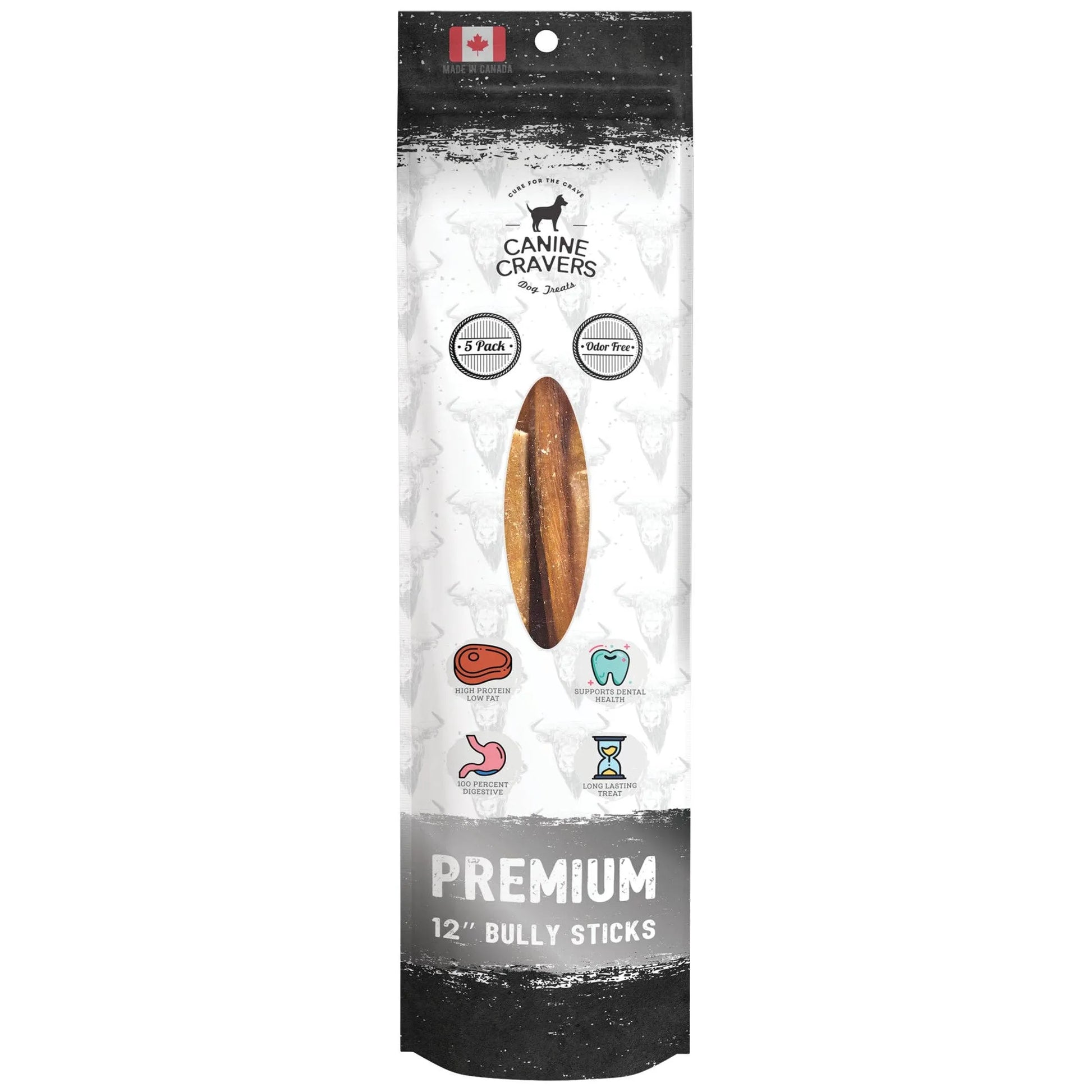 Dog chew product packaging with a wooden stick on a white background