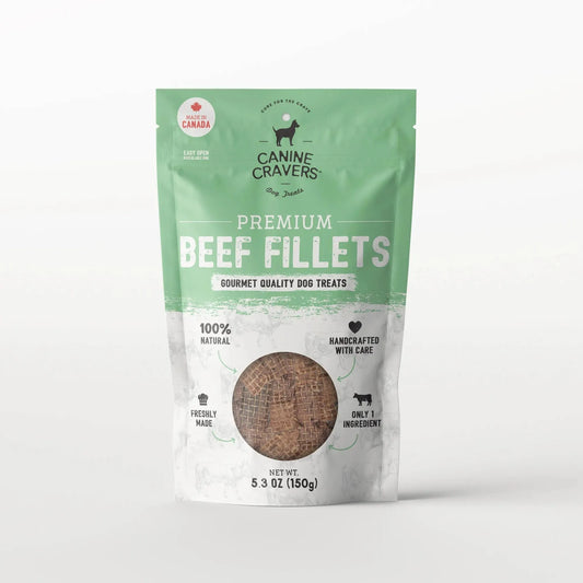 Package of Canine Cravers Premium Beef Fillets dog treats on a white background