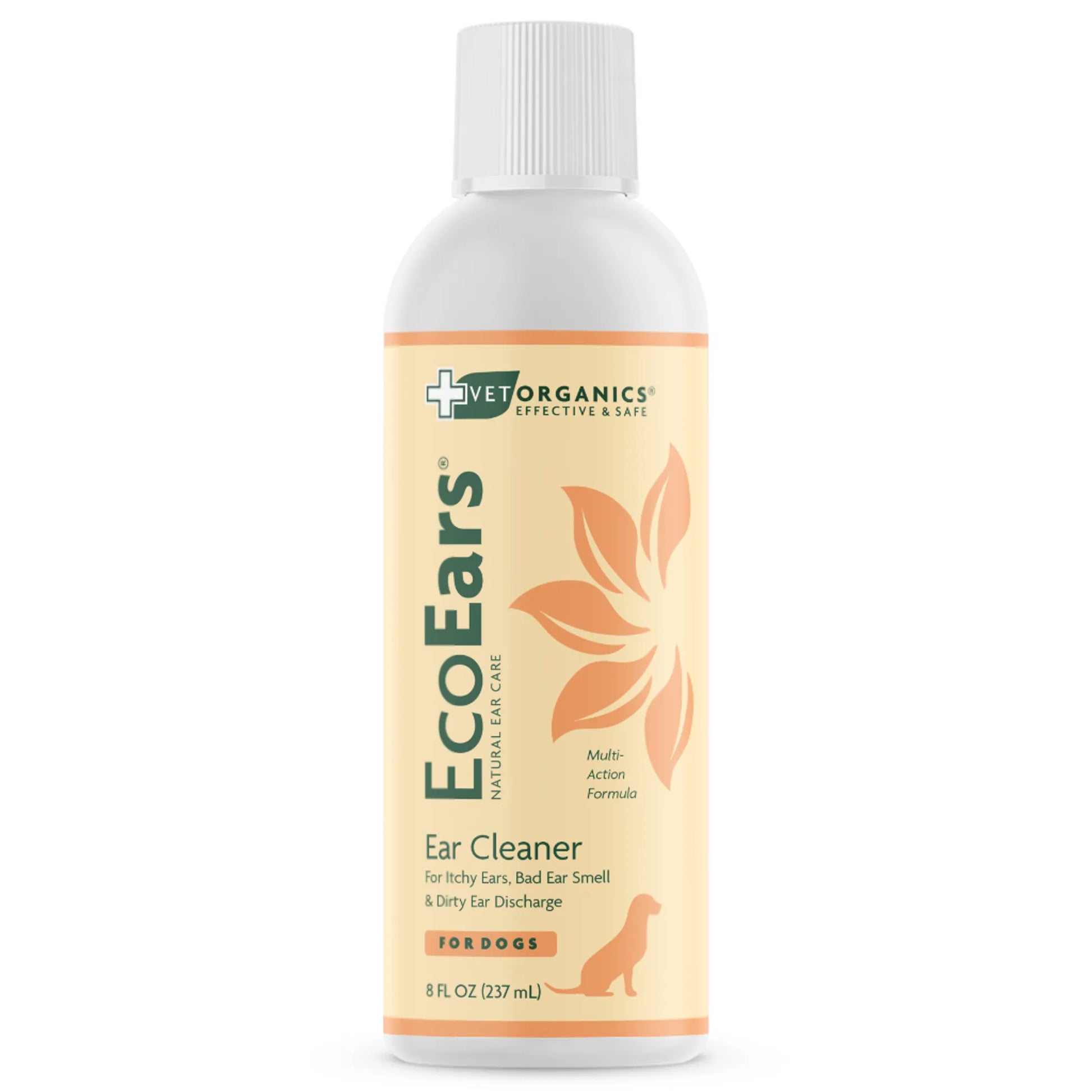 Bottle of EcoEars ear cleaner for dogs on a white background