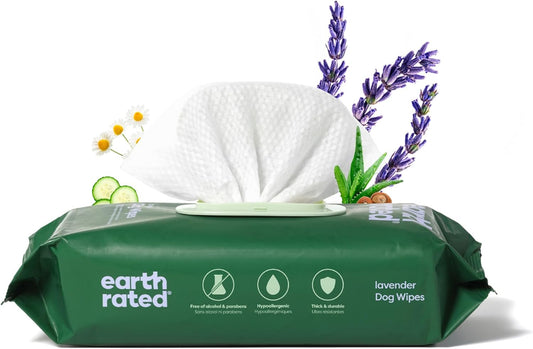 Earth Rated lavender dog wipes packaging with lavender flowers and greenery on a white background