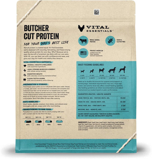 Vital Essentials Butcher Cut Protein packaging for dogs with text and branding.