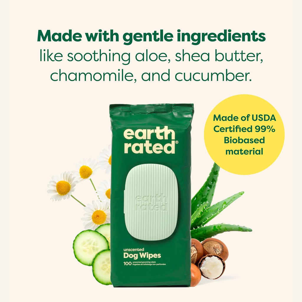 Earth Rated Dog Grooming Wipes Unscented 60 ct | Hypoallergenic and dermatologist tested | Plant Based Earth Rated Dog Grooming Wipes