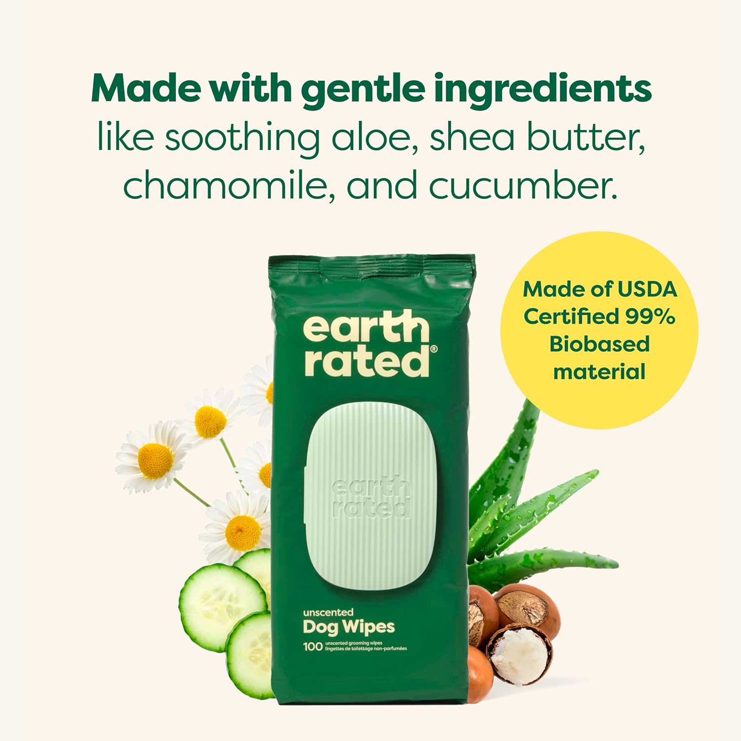 Earth Rated Dog Grooming Wipes Unscented 60 ct | Hypoallergenic and dermatologist tested | Plant Based Earth Rated Dog Grooming Wipes