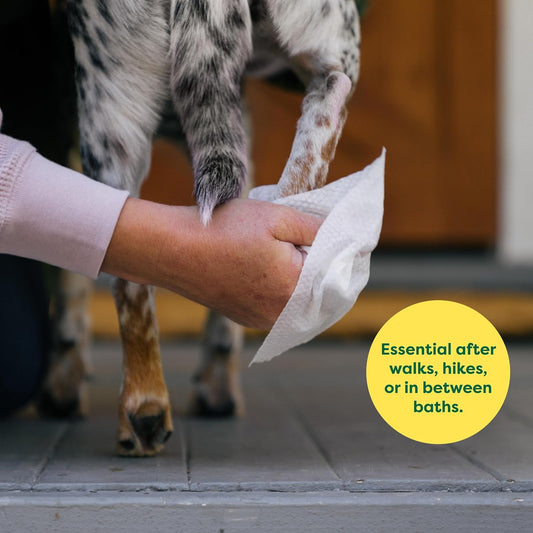 Person cleaning a dog's paw with a cloth, with text about the product's use.