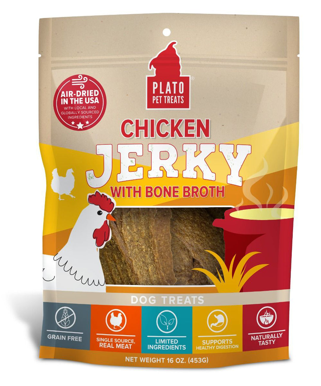 Plato Dog Jerky Chicken With Bone Broth 16oz. Plato Pet Treats Dog Treats Jerky
