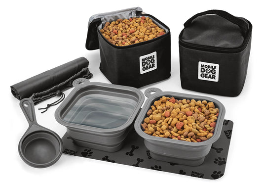 Mobile Dog Gear, Dine Away Dog Travel Bag for Medium and Large Dogs, Includes Lined Food Carriers and 2 Collapsible Dog Bowl, Collapsible Scooper and Placemat