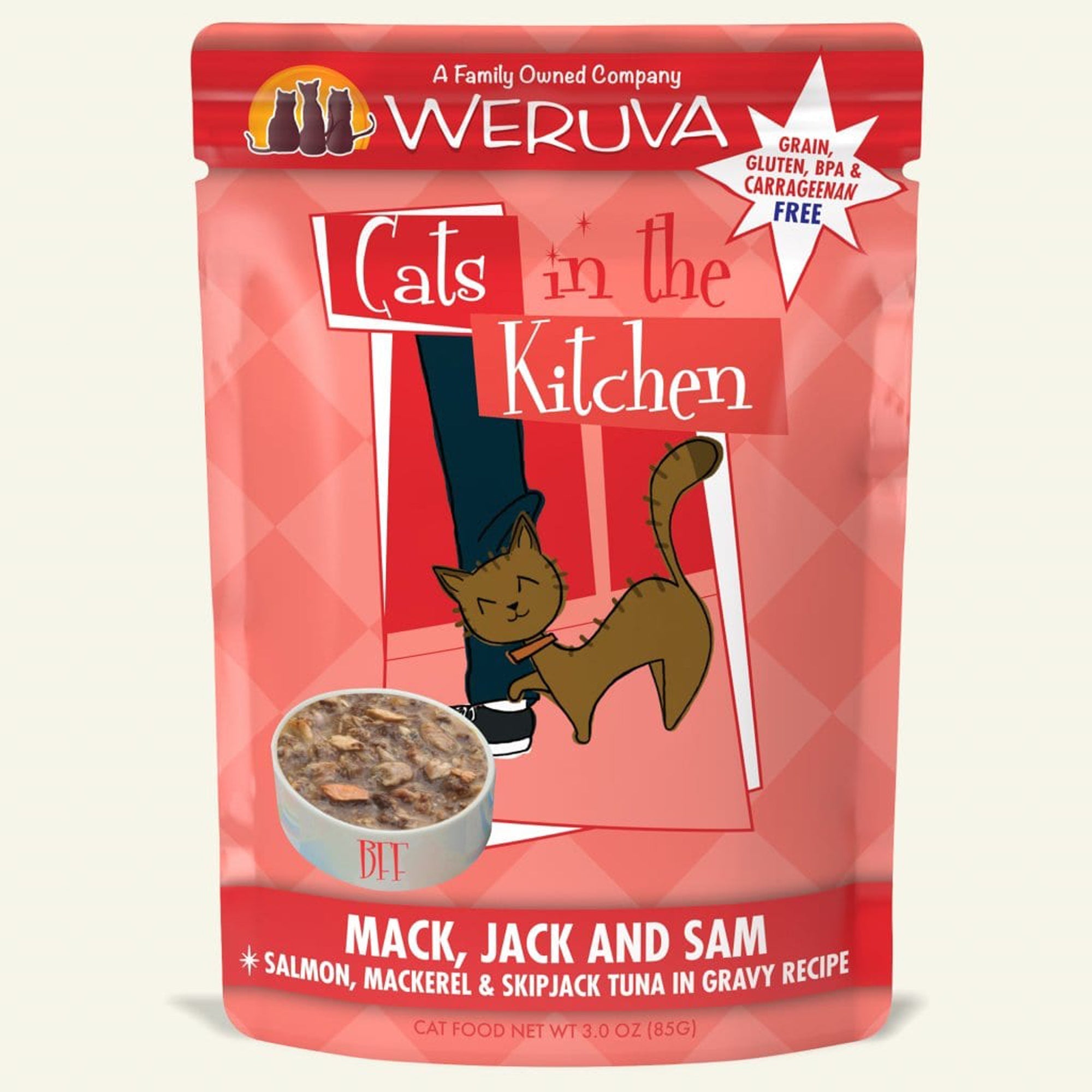 Cats In The Kitchen Mack, Jack & Sam Salmon, Mackerel & Skipjack Tuna in Gravy 3oz. Pouch (Case of 12) Weruva Cat Food Wet