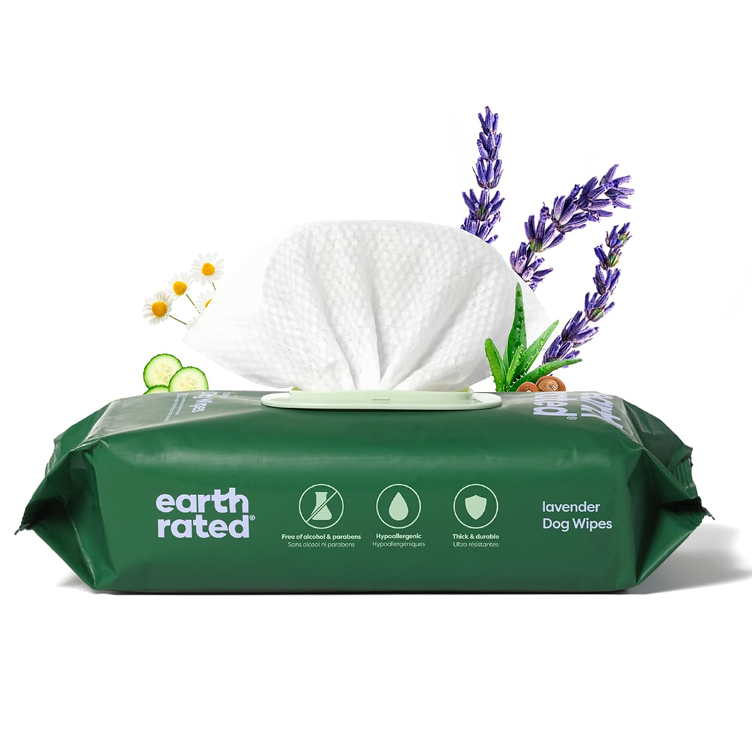 Earth Rated Dog Grooming Wipes Lavender 60 ct | Hypoallergenic and dermatologist tested | Plant Based Earth Rated Dog Grooming Wipes
