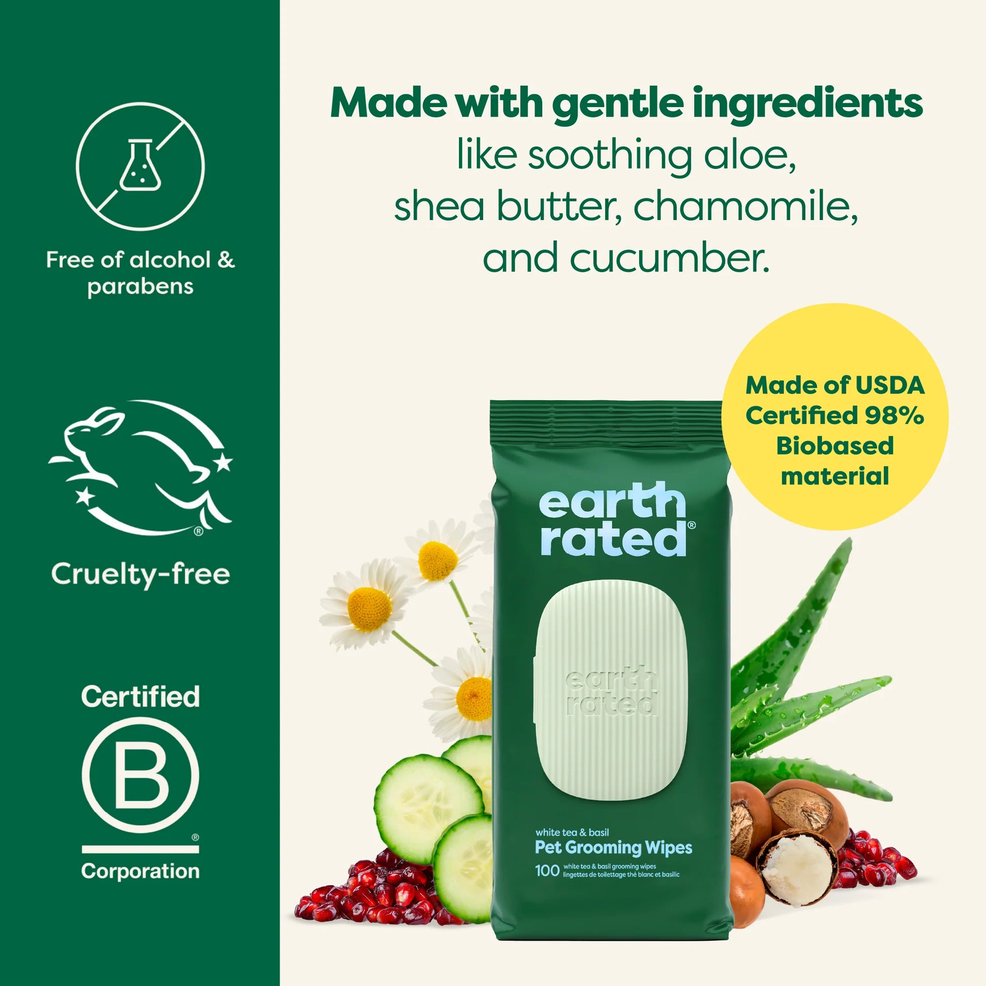 Earth Rated Dog Grooming Wipes Lavender 60 ct | Hypoallergenic and dermatologist tested | Plant Based Earth Rated Dog Grooming Wipes