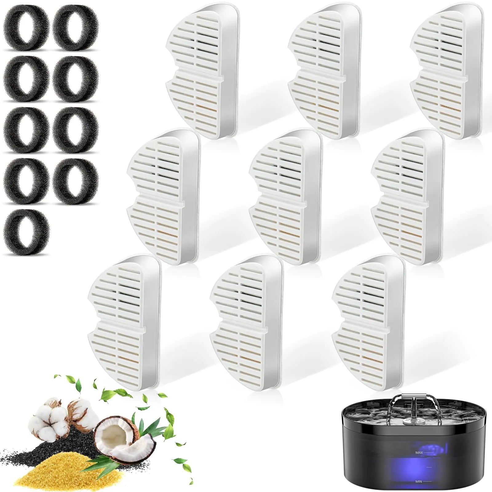 9 Pack Replacement Filters & 9 Pack Replacement Pre-Filter Sponges for 2.2L/74oz Automatic Pet Water Fountain Stainless Steel Cat Water Fountain Replacement Cat Drinking Fountain Filters Bargo Shop  9PCS Filters+Sponges