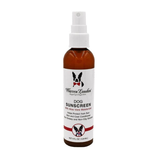 Dog sunscreen spray bottle with label on a white background